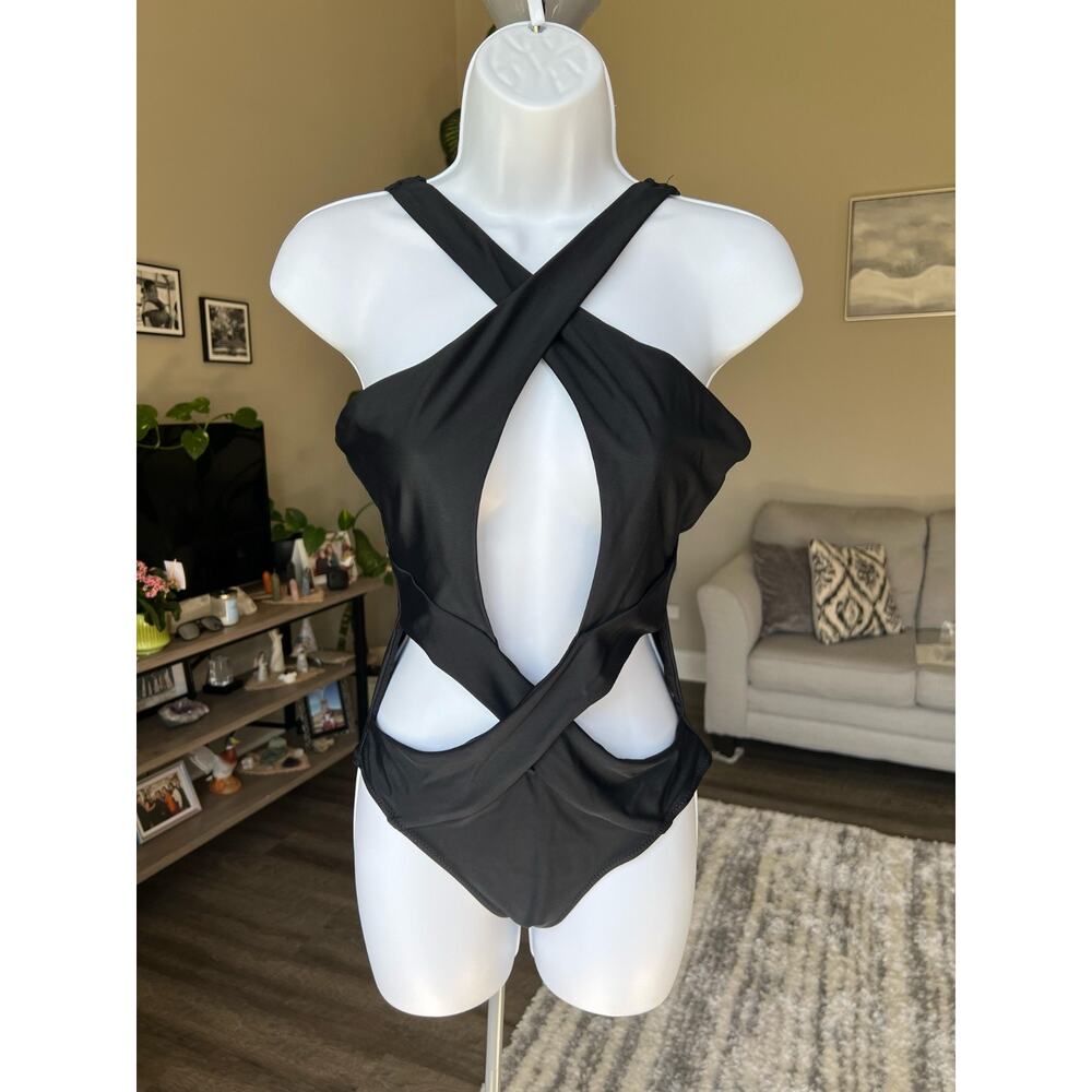 REEBEES Small Swimwear Black Cutout Crossover Plunge #513